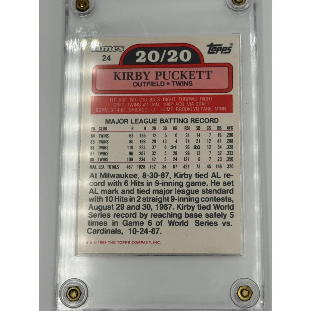 1989 Topps Ames 20/20 Club Kirby Puckett Minnesota Twins Baseball Card 24